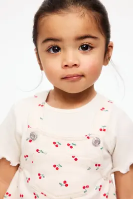 Ensemble 2 pièces robe salopette et top - Beige clair/cerises