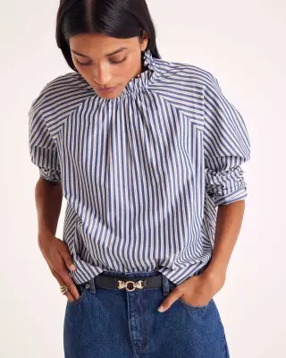 Blouse Zoé rayures marine, écru et gris