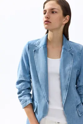 Blazer à manches froncées en denim - Bleu denim