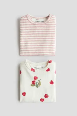 Lot de 2 tops en coton côtelé - Crème/framboises