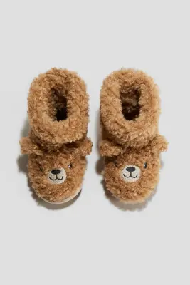 Chaussons duveteux à semelle souple - Beige/ours