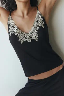 Pyjama en jersey avec dentelle - Noir/crème