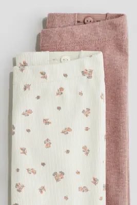 Lot de 2 leggings en coton côtelé - Rose ancien/fleuri