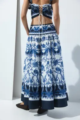 Jupe évasée en popeline de coton - Bleu foncé/motif