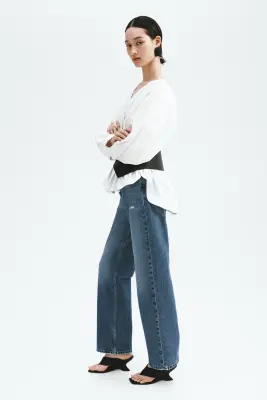 Straight High Waist Ankle Jeans - Bleu denim
