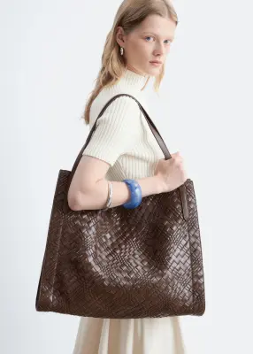 Sac cabas ouvert en cuir tressé - Marron foncé