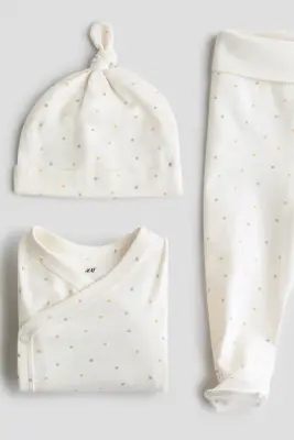 Ensemble 3 pièces en jersey de coton - Crème/pois