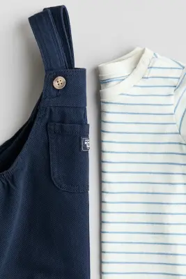 Ensemble 2 pièces salopette et T-shirt - Bleu marine/blanc