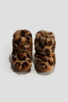 Chaussons duveteux à semelle souple - Beige/imprimé léopard