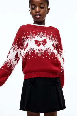 Pull jacquard en coton - Rouge/nœuds