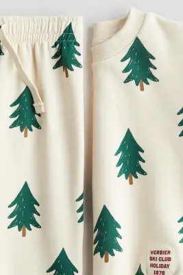Ensemble 2 pièces en molleton imprimé - Beige clair/sapins