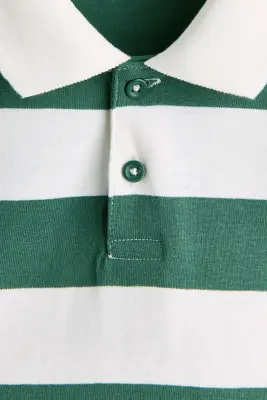 Polo de rugby en coton - Vert foncé/rayures blanches