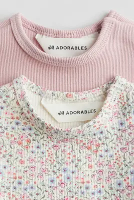 Lot de 2 tops en coton côtelé - Rose/fleuri