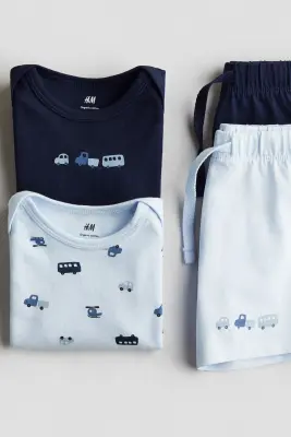 Ensemble 4 pièces en jersey de coton - Bleu marine/véhicules