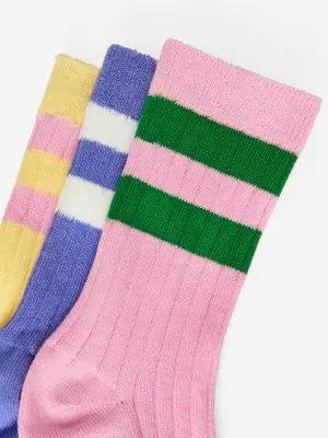 Chaussettes en maille côtelée, 3 paires - Rose/Bleu/Jaune