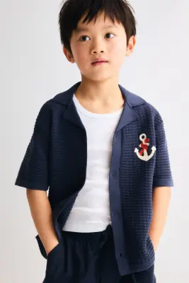 Chemise en maille texturée avec col cubain - Bleu foncé/ancre