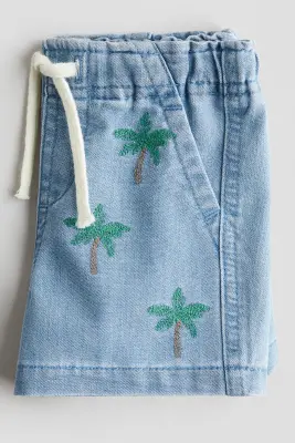 Short en denim avec détails brodés - Bleu denim/palmiers