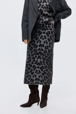 Jupe en maille jacquard - Gris/imprimé léopard