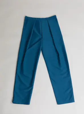 Elastic Waist Pants with Deep Pleats in Petrol Blue Technical Microfiber