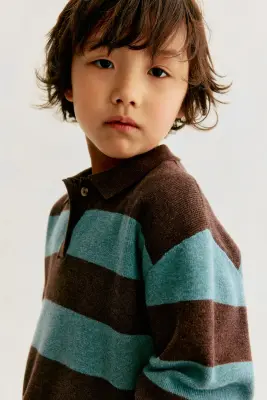 Pull façon polo en maille de coton - Marron/turquoise