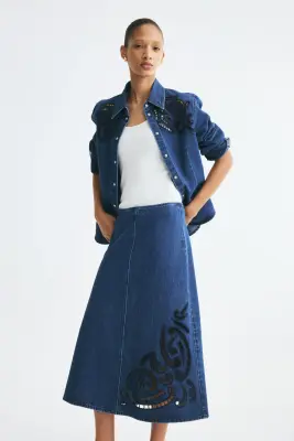 Jupe en denim avec broderie anglaise - Bleu denim/bleu marine
