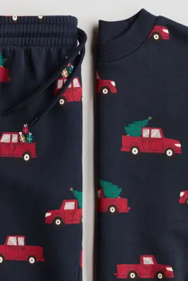 Ensemble 2 pièces en molleton imprimé - Bleu marine/véhicules de Noël