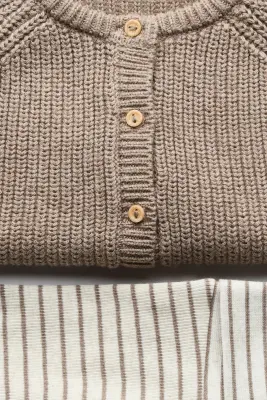 Ensemble 2 pièces en maille de coton - Beige/rayé