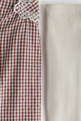 Ensemble 2 pièces blouse et legging - Beige clair/carreaux marron