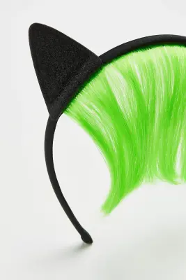 Serre-tête avec frange et oreilles - Noir/vert fluo