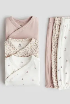 Ensemble 6 pièces avec bodies et pantalons - Rose ancien/fleuri