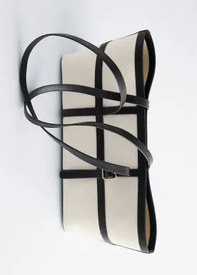 Sac porté épaule en toile à finitions en cuir - Écru/Noir