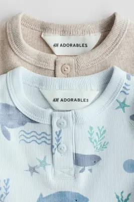 Lot de 2 T-shirts en coton avec col tunisien - Bleu clair/baleines