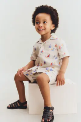 2-piece printed linen set - Beige clair/voiliers