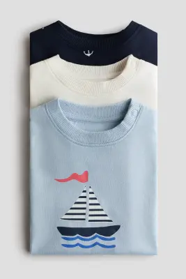 Lot de 3 T-shirts en coton - Bleu/voilier