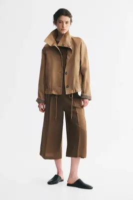 Veste en twill avec col cheminée - Beige foncé
