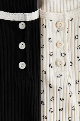 Lot de 2 tops en coton côtelé - Noir/fleuri