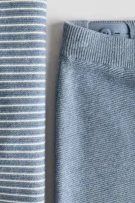 Ensemble 2 pièces en maille fine de coton - Bleu ancien/rayures blanches
