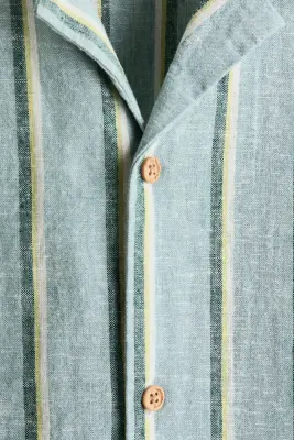 Chemise en lin mélangé avec col cubain - Turquoise/rayures vertes