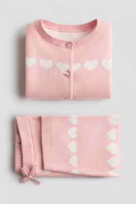 Ensemble 2 pièces en maille fine de coton - Rose clair/cœurs