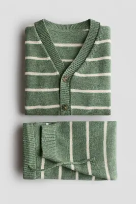 Ensemble 2 pièces en maille fine de coton - Vert/rayé