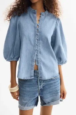 Blouse en denim avec manches bouffantes - Bleu denim