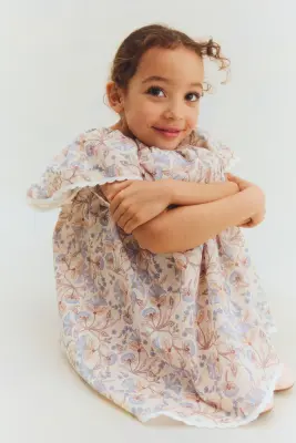 Robe trapèze en coton - Beige clair/fleuri