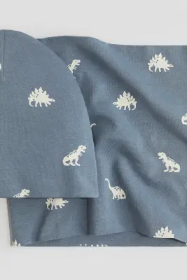 Ensemble 2 pièces bonnet et snood - Bleu ancien/dinosaures