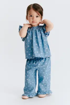 Ensemble 2 pièces en denim imprimé - Bleu denim clair/fleuri