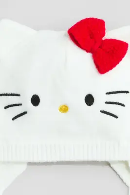 Bonnet en maille avec liens à nouer sous le menton - Blanc/Hello Kitty