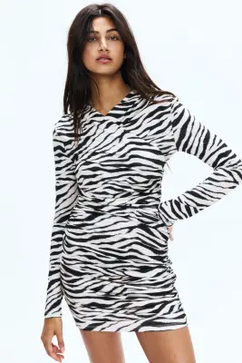 Robe en jersey à effet drapé - Blanc/motif zébré