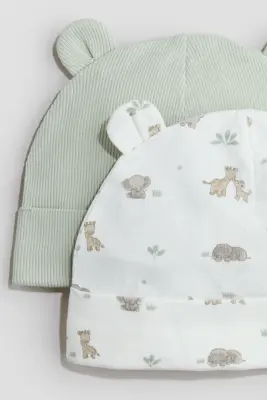Lot de 2 bonnets côtelés avec oreilles - Vert clair/animaux