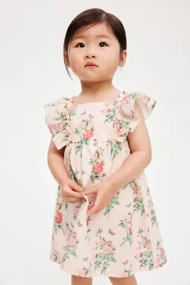 Robe empire en coton - Pêche/fleuri