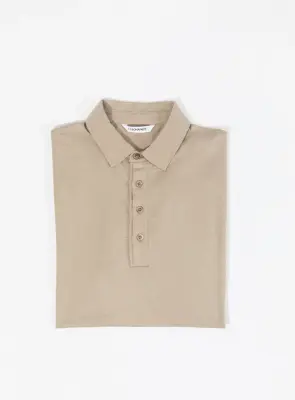 Pleated Tab Short Sleeve Poloshirt in Sand Eucalyptus & Cotton
