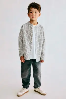 Chemise en coton avec col sans rabat - Beige clair/carreaux